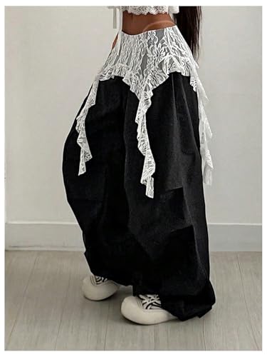GORGLITTER Women's Y2k Baggy Wide Leg Pants Floral Lace Ruffle Zip Up Parachute Pants Oversized Vintage Trousers 20252