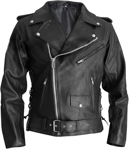 Terminator Marlon Brando Arnold Schwarzenegger Style Biker Real Leather Jacket (Large) Black