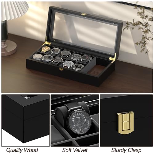 Image of Watch Box Organizer for Men, 10 Slot Watch Display Case With Glass Lid, Wooden Watch Storage Mens Watch Case, Watch Holder Organizer for Men Women -10 Slot, Black