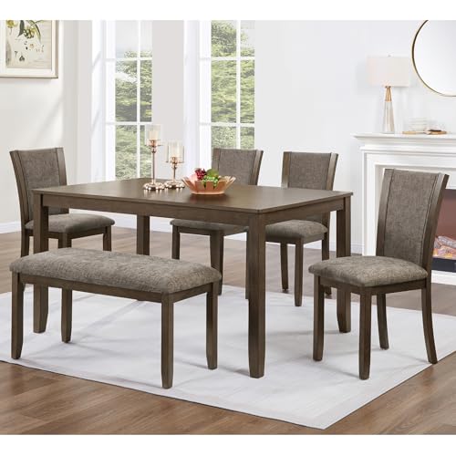 Image of KEIKI 6-Piece Standard Height Dining Table Set with Rectangular Table, 4 Upholstered Chair, Bench, for 6 Person, Modern Style Wooden Table Set, Easy Assembly, for Kitchen, Dining Room, Dark Walnut