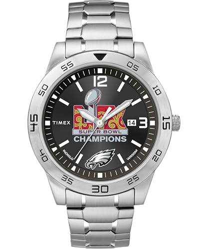 Timex Montre pour homme Super Bowl LIX Champions - Philadelphia Eagles - Citation 42 mm - Bracelet d'extension argenté - Cadran noir - Boîtier argenté