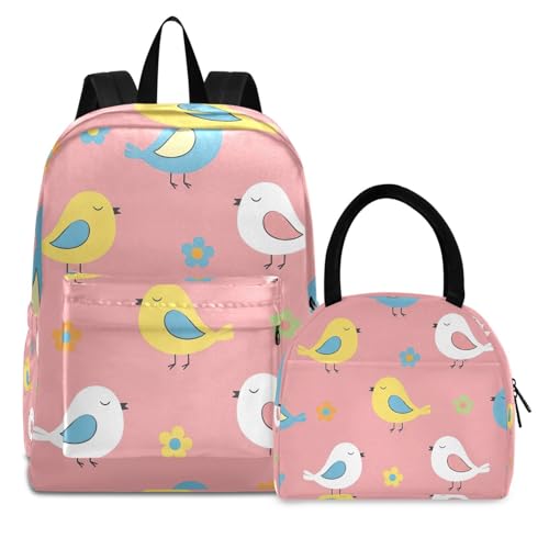 Kids Bag Set, Cute Birds Pink Waterproof Picnic Backpack, Backpacks for Girls Set