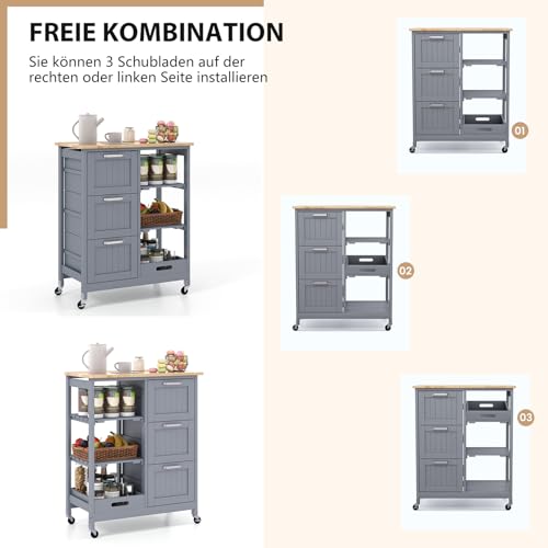 COSTWAY Wózek kuchenny z tacą, półkami i 3 dużymi szufladami, szafka kuchenna na kółkach, wyspa kuchenna z drewna kauczukowego, wózek do serwowania 67 x 37 x 83,5 cm (szary)