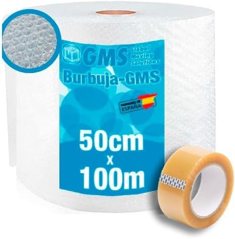 GMS - Rollo Burbuja 50cm x 100m + Precinto - Rollo Burbuja Mudanza - Rollo Burbuja Embalaje - Burbuja Mudanza, Envio y Embalaje - Papel Burbuja (50cm x 100m+Precinto)