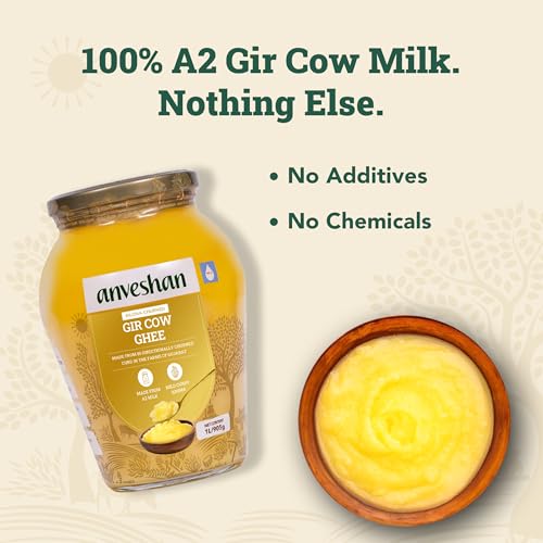 Anveshan A2 Gir Cow Ghee Clarified Butter 33 Fl. Oz/1000mL | Grass-Fed | Pasture-Raised | Gut Friendly | Keto Friendly | High Smoke Point | Sustainably Sourced | Casein Free