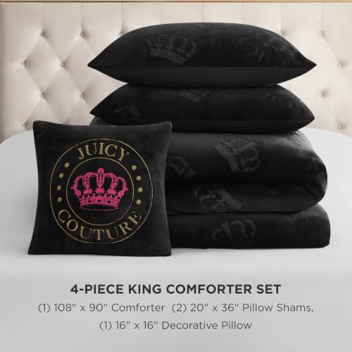Image of Juicy Couture Plush Reversible Embossed Crown 4-Piece King Comforter Set with Decorative Pillow, Black