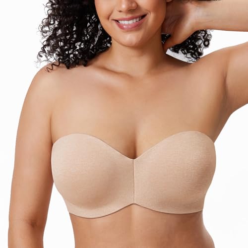 DELIMIRA Women's Strapless Bra Unlined Underwire Minimizer Plus Size Support Oatmeal Heather 34C