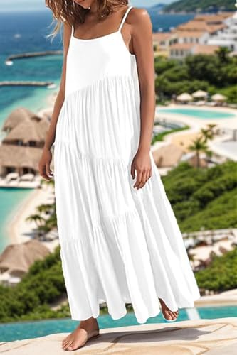 Image of Womens Sundress Loose Sleeveless Strap Summer Casual Beach Vacation Long Dress for Women Solid Halter Dress