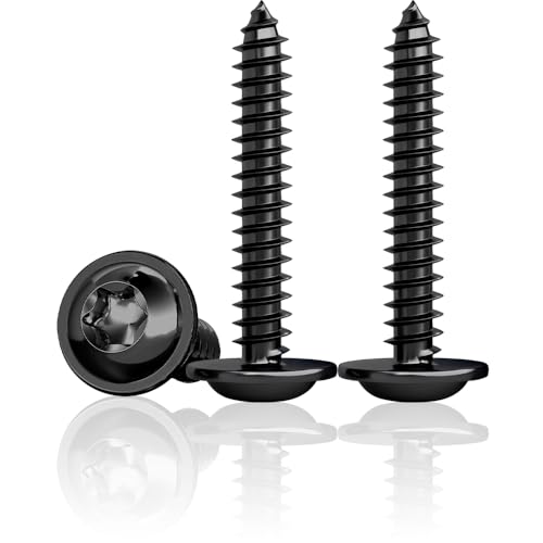 Jyvex 100 sztuk śrub, czarne, płaskie, M4 x 20 mm, wkręty z łbem soczewkowym do drewna, stal nierdzewna A2 V2A, czarne wkręty do drewna, czarne śruby do paneli akustycznych, śruby z łbem talerzowym