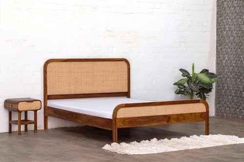Image of Rattan King Size Bed for Bedroom | Wooden Cane King Size Cot | Sheesham Wood, Choco Brown Finish | Size: 72 x 78 in | Double Bed Palang for Living Room Home Furniture | Assembly- DIY