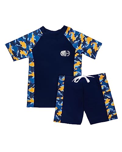 Maillot de Bain Garcon, Short de Bain pour Enfants, Anti-UV Tee Shirt et Bonnet de Bain (FR/ES, Âge, 8 Ans, 9 Ans, Taille Normale, Bleu foncé)