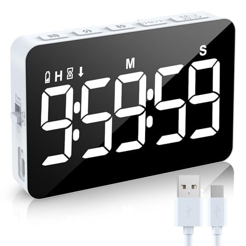 Xflyee タイマー 勉強 キッチンタイマー ストップウォッチ デジタル LED大画面 10時間 カウントダウン カウントアップ 消音 バイブ 音量 輝度調節付き マグネット付き 置き掛け兼用 バッテリー内蔵 USB充電