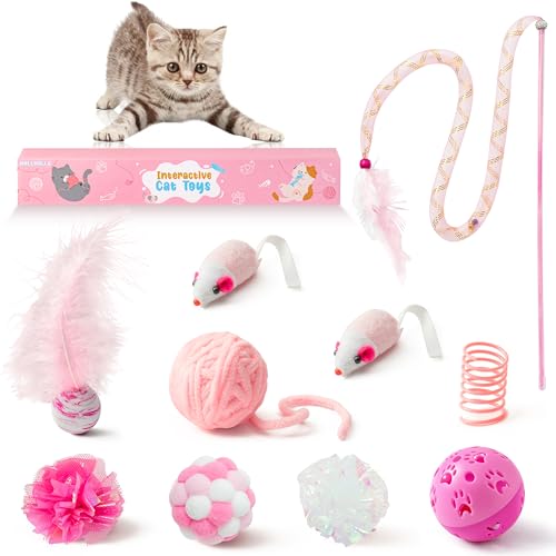 MALLMALL6 10Pcs Cat Toy Set Interactive Cat Toys Pack Including Feather Teaser Wand Cat Springs Mice Crinkle Balls and Pet Bell Balls Puzzle Toys for Indoor Cats Gift (Pink)