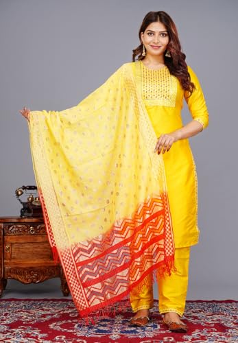 Image of Women's Silk Embroidered Kurta with Pant and Dupatta Set, Straight Style