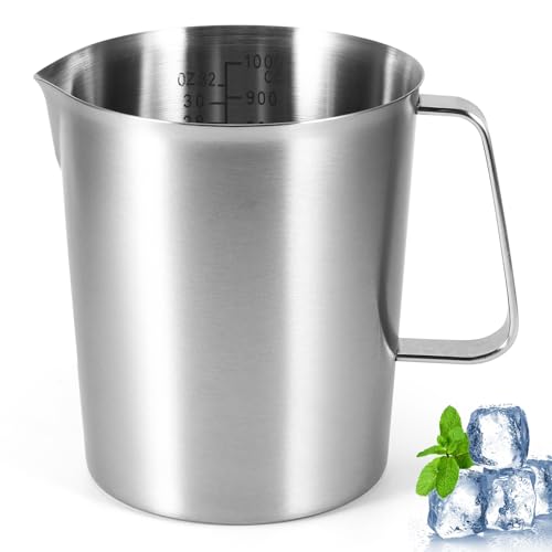 Viitech Messbecher Edelstahl 1L, Lebensmittelqualität 304 Milchkännchen Edelstahl mit ML OZ Markierung und Griff, Großes Fassungsvermögen Milchkanne Edelstahls für Cappuccino Latte und Espresso