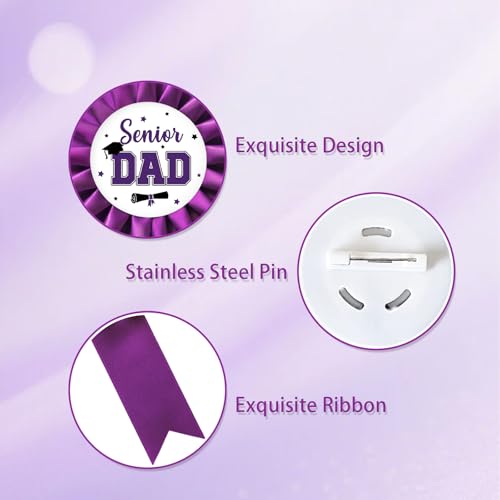 Senior Dad 2026 Graduation Tinplate Badge Pin - Senior 2026 Brooch Pin, Purple Rosette Class of 2026 Award Ribbon Button for Dad, High School Graduation Party Decoration