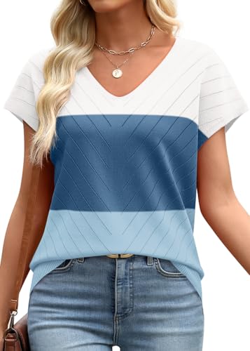 Image of WIHOLL Short Sleeve Sweater for Women V Neck Trendy Summer Tops 2026 Beach Vacation Clothes Travel Business Casual Outfits