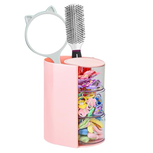 Luscinia Hair Accessories Organizer with Hair Brush Holder, Rotatable Makeup Brush and Jewelry Storage Box for Hair Clips, Earrings, Necklaces, Bracelets, Rings, and Daily Accessories (Pink, 3-Layer)