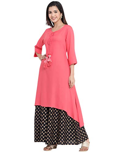 Image of Juniper Women's Coral Rayon Solid Asymmteric Kurta (Coral, XS)