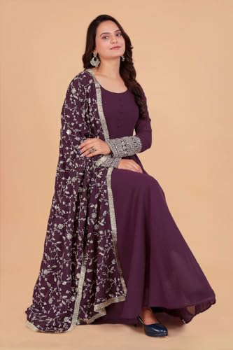 Image of ROYALICA Women's Georgette Gown Set with Solid Pattern Floor Length Round Neck Fit & Flare Full Sleeves Gown Pant and Embroidery Work Dupatta | Anarkali Gown Set for Women