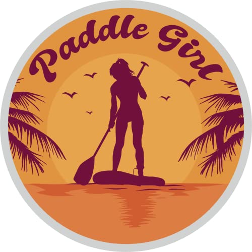 VulgrCo Paddle Girl Palm Trees Ocean Sunset Board Paddleboard Funny Sticker Vinyl Waterproof UV Resistant Decal For Phones Laptops Water Bottles Tumblers Boats Cars Trucks Windows Kayak 3" inch Bumper