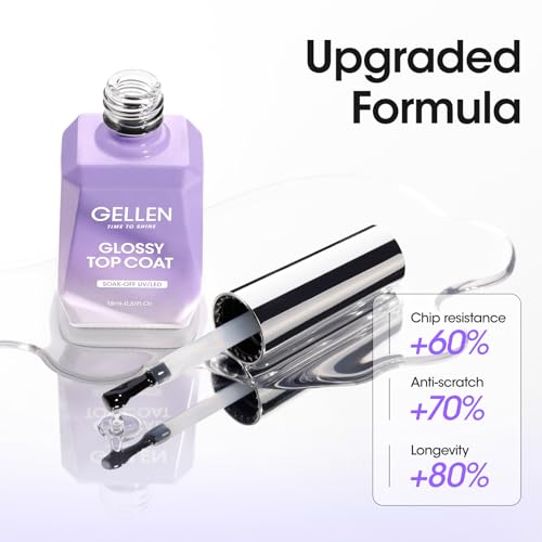 GELLEN 2 Pcs No Wipe Gel Top Coat Set, 18 ml Glossy Top Coat Gel Nail Polish, High Shiny Soak Off UV Lamp Clear Nail Polish, Home Salon Manicure Set