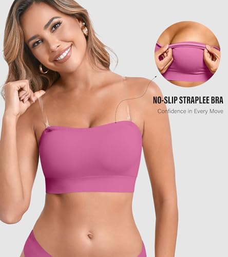 Image of DEANGELMON Strapless Bras for Women Wireless Push Up Non-Slip Bandeau Bra Seamless Clear Straps TubeTop Padded Bralette