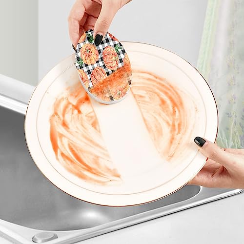 Image of Autumn Pumpkins Black White Gingham Kitchen Sponges Fall Maples Buffalo Plaid Cleaning Dish Sponges Non-Scratch Scrubber Sponge for Kitchen Bathroom Cars, pack of 3