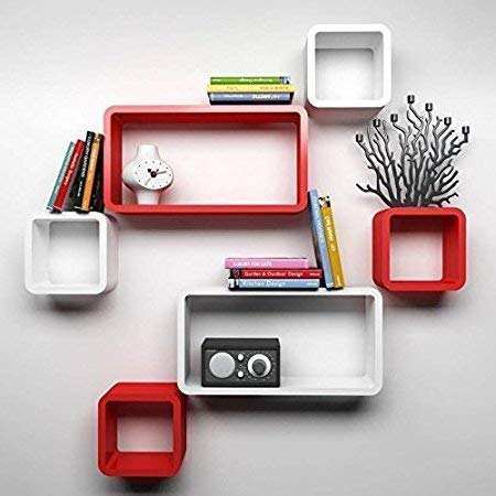 Dime Store Engineered Wood Cube Shape Wall Shelf (Set of Six, Red and White)