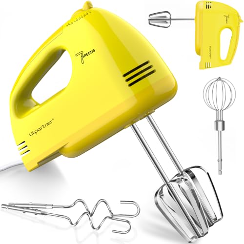 Image of LILPARTNER Hand Mixer Electric, Ultra Power Kitchen Hand Mixer With 7-Speed & 5 Stainless Steel Accessories for Whipping Dough, Cream, Cake, Dishwasher Safe, Light Yellow