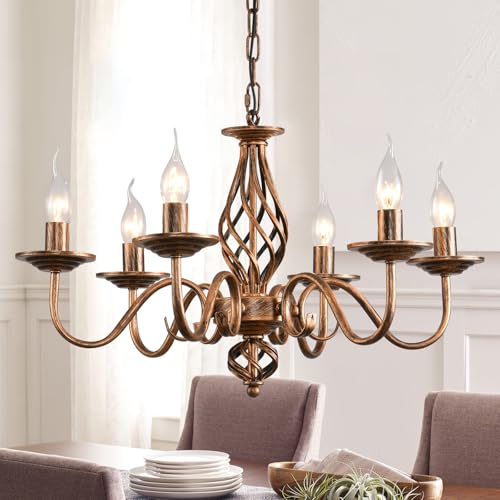 JIINOO Lámpara de Techo de Estilo Tradicional, Lámpara de Araña de Bronce de Hierro Forjado con Vela Ajustable en Altura Vintage, 6 Luces Farmhouse Lámpara Colgante para Comedor Sala de Estar