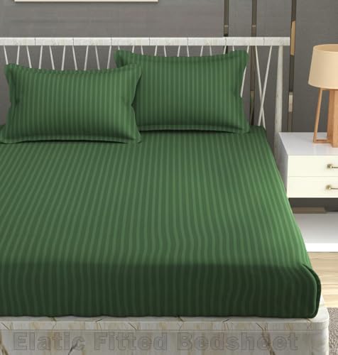 EVAHOME Cotton Blend Plain Stripe Elastic Fitted Queen Size Bedsheet with 2 Pillow Cover (Elastic Fitted Bedsheet, Dark Green) (72X78 Inches) Which Fits Upto 8 in Matress