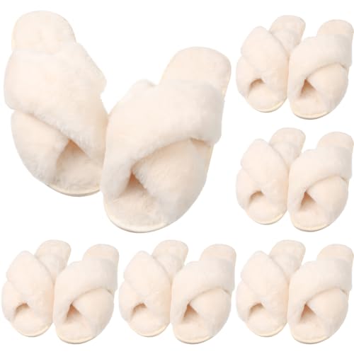 Image of VAIPI 6 Pairs Womens Cross Band Slippers Fuzzy Plush House Bridesmaid Slipper White | Black | Pink Open Toe Fluffy Slipper Soft Warm Bridal Slippers