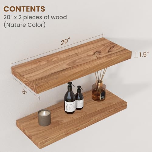 Image of Floating Shelves for Wall Decor, 8 inch Deep Rustic Solid Elm Wood Floating Shelves Wall Mounted, Wall Shelves with Invisible Bracket for Living Room Bathroom Bedroom Kitchen, 20 Inch Set of 2, Natural