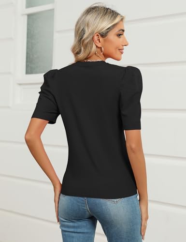 Image of AKEWEI Puff Short Sleeve Sweater for Women Tops Trendy Spring Summer 2025 Business Casual Outfits Knit Crewneck Shirt Blouses