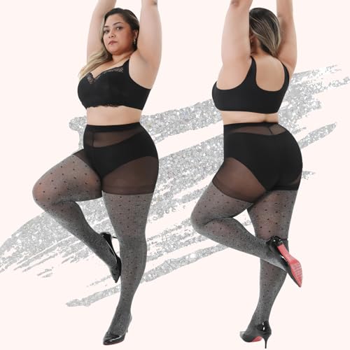 WiliW Polka Dot Plus Size Tights for Women Shimmer Patterned High Waist Tights 40D Shiny Sheer Black Pantyhose2