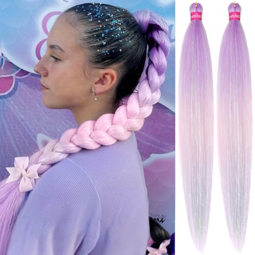 Ombre Purple Pink Lavender Braiding Hair with Tinsel 30 Inch Pre Stretched Braiding Hair 2 Packs Pre Feathered Hair Extensions Yaki Texture Braids Hair Easy to Use