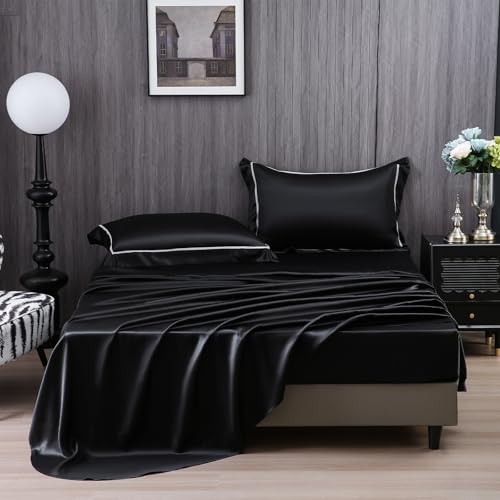 YOUR MOON Mulberry Silk Sheets Set King, 4 pcs, Black