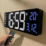 Opis Technology Clock 1 XXL   Horloge Murale Numérique LED Rétro 41cm Blanc Bleu avec Télécommande, Double Alarme, Thermomètre, Minuteur et Luminosité Automatique