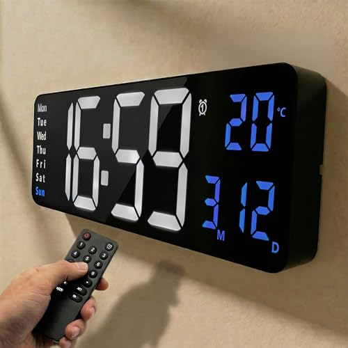Opis Technology Clock 1 XXL - Horloge Murale Numérique LED Rétro 41cm Blanc-Bleu avec Télécommande, Double Alarme, Thermomètre, Minuteur et Luminosité...