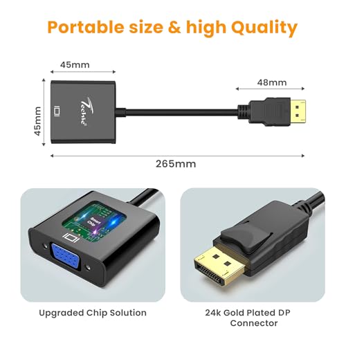 Image of Techie DisplayPort (DP) to VGA Converter | Full HD 1080p 60Hz | Plug & Play DP to VGA Cable for Laptop, PC, Projector & Monitor | Compact, Durable ABS Design - Black