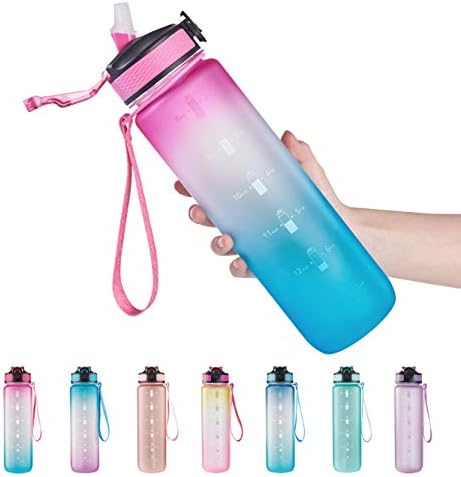 EYQ 32 oz Water Bottle with Time Marker, Carry Strap, Leak-Proof Tritan BPA-Free, Ensure You Drink Enough Water for Fitness, Gym, Camping, Outdoor Sports (Fuschia/Green Gradient)