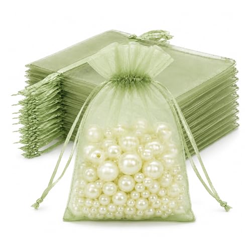 Image of joycraft 50pcs Light Sage Green Organza Bags - 2.7x3.5In Sheer Drawstring Gift Bags, Small Mesh Party Favor Bags for Jewelry, Makeup Pouches, Candy, DIY Craft