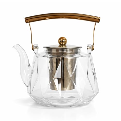 Charbrew 1000ml Clear Glass Teapot with Infuser - Borosilicate Glass, Gold Ball Lid & Handle - Ideal for Loose Leaf Tea, Teabags & Blooming Tea - Serves 5 Cups