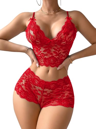 Image of Lilosy Sexy Sheer Floral Lace Pajamas Lingerie Set High Waist Sleepwear Bra and Panty 2 Piece Nightwear