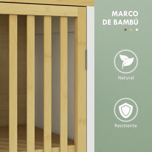 HOMCOM Armario Alto de Baño Columna de Baño Mueble Auxiliar de Baño con 1 Estante Abierto 1 Puerta y 1 Estante Ajustable 32x30x90,5 cm Natural y Blanco - imagen 5