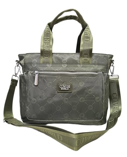 COVERI COLLECTION Bolso de mujer de nailon impermeable, 2 asas y correa ajustable extraíble, múltiples bolsillos con cremallera, cierre con cremallera, dimensiones 28 x 24 x 11 cm, art. 1290, Verde