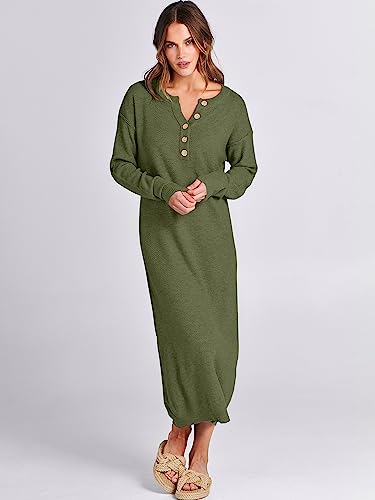 Image of ANRABESS Women Long Sleeve Button V Neck Oversized Casual Loose Fit Waffle Knit Fall Midi Sweater Dress 2026 Trendy Outfits