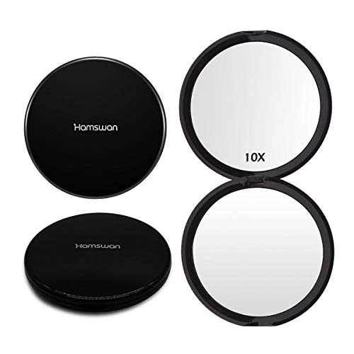 HAMSWAN Compact Makeup Mirror, 10X Magnifying Mirror, Small Round Mirror, Portable Pocket Mirror with 1X 10X Magnifying, Hand Held Cosmetic Mirror (Black)