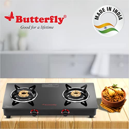 Butterfly Rapid 2B Auto Ignition LPG Glass Top Stove (2 Burners, Black